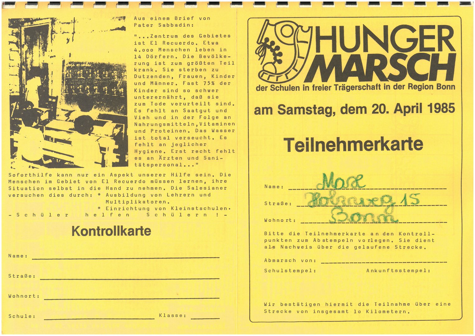 Teilnehmerkarte Bonner Hungermarsch 1985